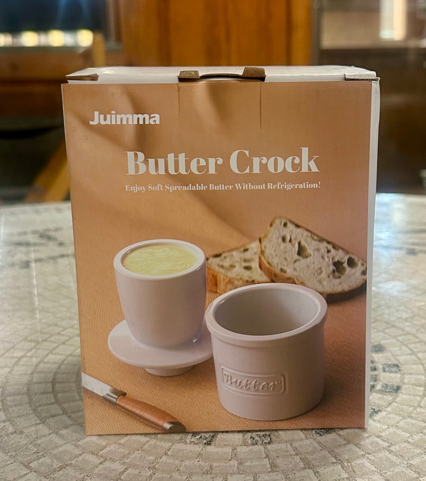 Butter Crock with Lid for Countertop with Spreader Knife and Water Line, Soft Spreadable Butter, Ceramic French Butter Dish with Lid, Cool Green