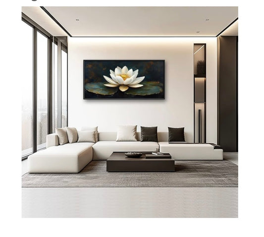 Large Lotus Wall Art, White Lotus Canvas Painting, Framed Artwork for Living Room, Bedroom, Office Bathroom, Dining Room 60"x 30" (L1014)