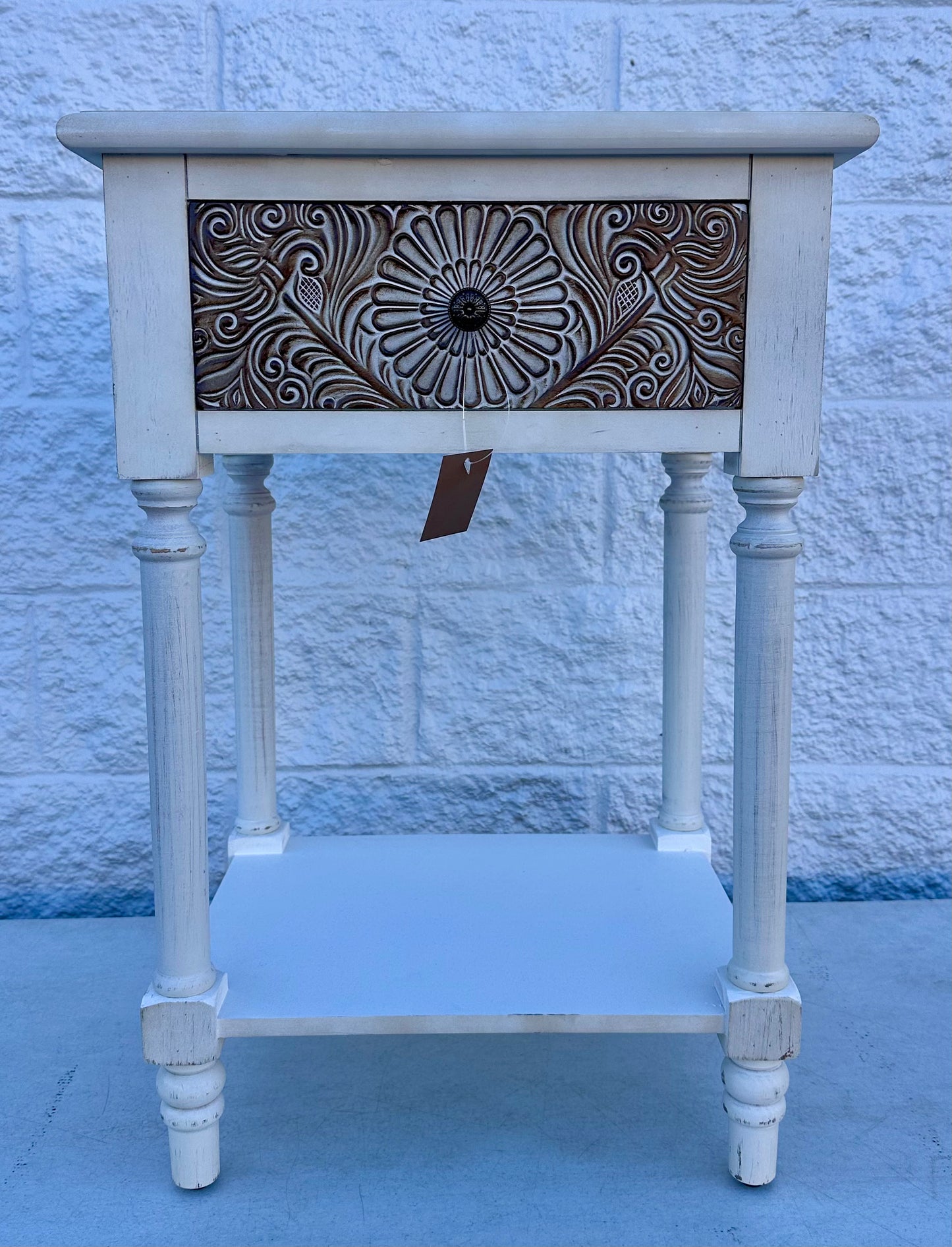 HOMPUS Fully Assembled Farmhouse Nightstand with Drawer and Shelf, Vintage Nightstand with Flower Pattern, Wood Small Accent Bedside Table Night Stand for Living Room, Bedroom, Distress White (L1108)