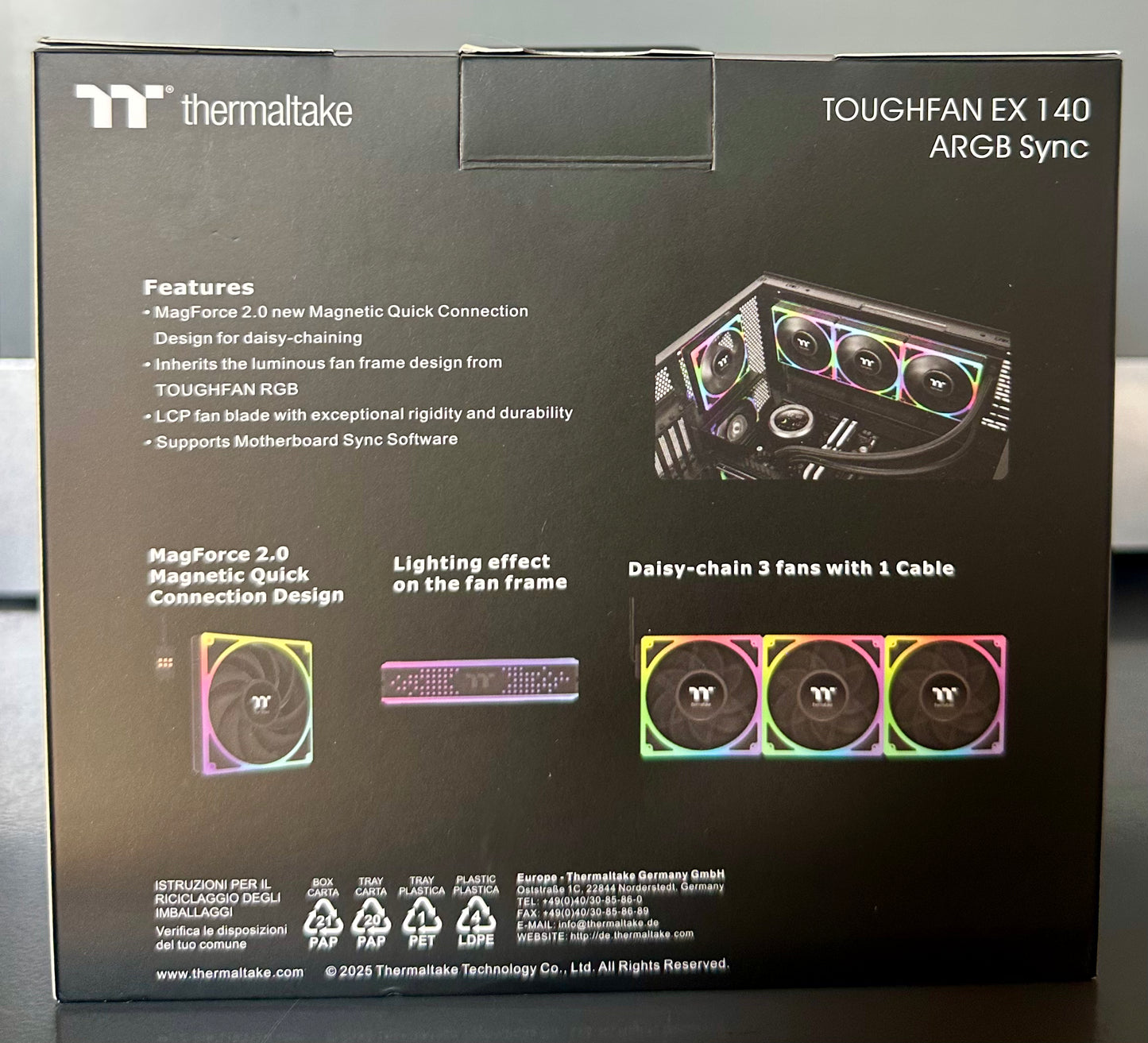 Thermaltake Toughfan EX 140 ARGB Sync; 140mm; 500~2000 RPM; MagForce 2.0; 3.04mm-H2O Static Pressure; Airflow 94.43 CFM; Hydraulic Bearing; 5V 3-Pin Motherboard Sync; 3-Pack; Black; CL-F212-PL14SW-A