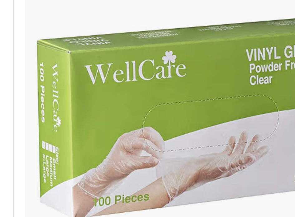 Well Care Disposable Vinyl Gloves, Clear, Powder Free, 4mil Thick Disposable Gloves (Large), 100 count (pack of 1) (WC-Vinyl-L)
