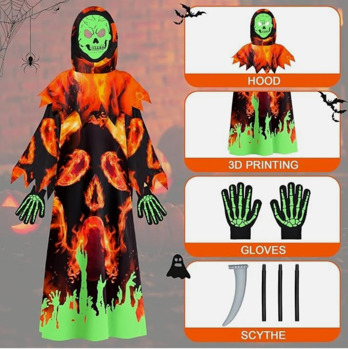 Kids Grim Reaper Costume Glow in the Dark Outfit with Skull Mask, Death Scythe, Skeleton Gloves (Size 10-12 Years)