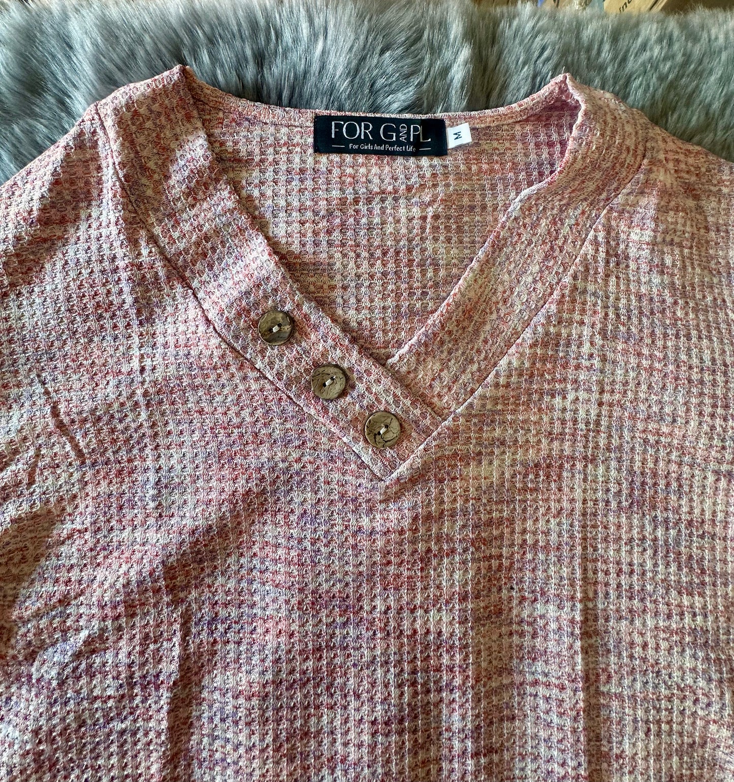 Womens Autumn Waffle Knit Pullover V Neck Blouse, Oversized Solid Casual Button Sweater Pink (Size Medium)