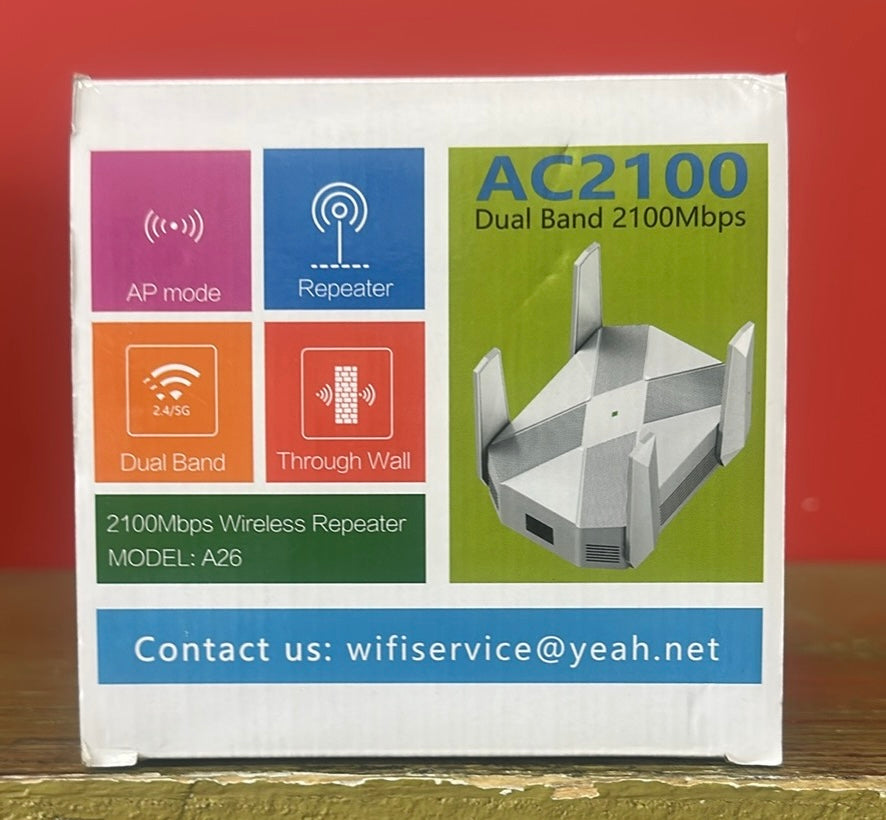 Dual-band wireless repeater model A26 with AC2100 technology, 2.4GHz frequency at 300Mbps, 5.8GHz frequency at 1800Mbps