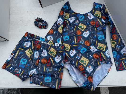 Girls Gymnastics Leotard Sparkly Long Sleeve Unitards with Matching Shorts and Hair Scrunchie Outfits (Sizes Vary)