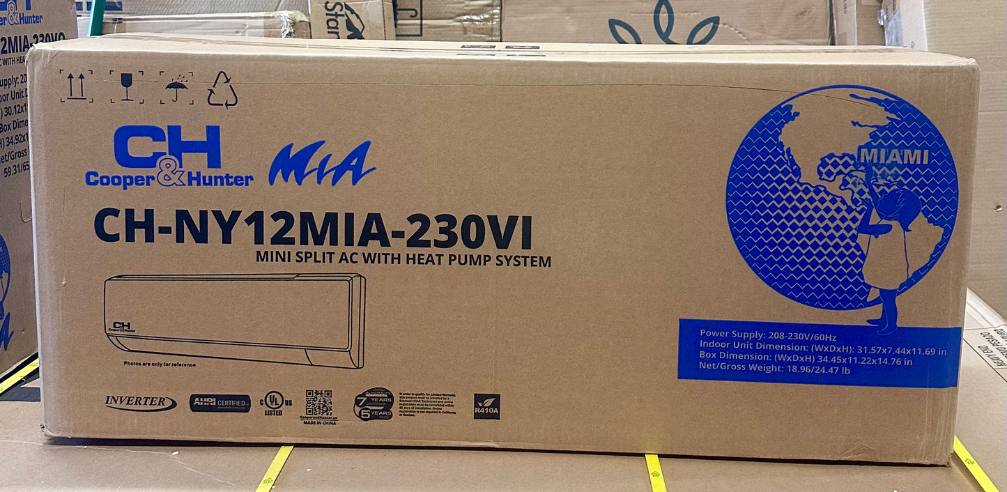 Cooper & Hunter MIA Series, Mini Split Air Conditioner and Heater, 12,000 BTU, 230V, 20.5 SEER2, 1 Ton, Wall Mount Ductless Inverter Heat Pump System, CH-NY12MIA-230 (R600)