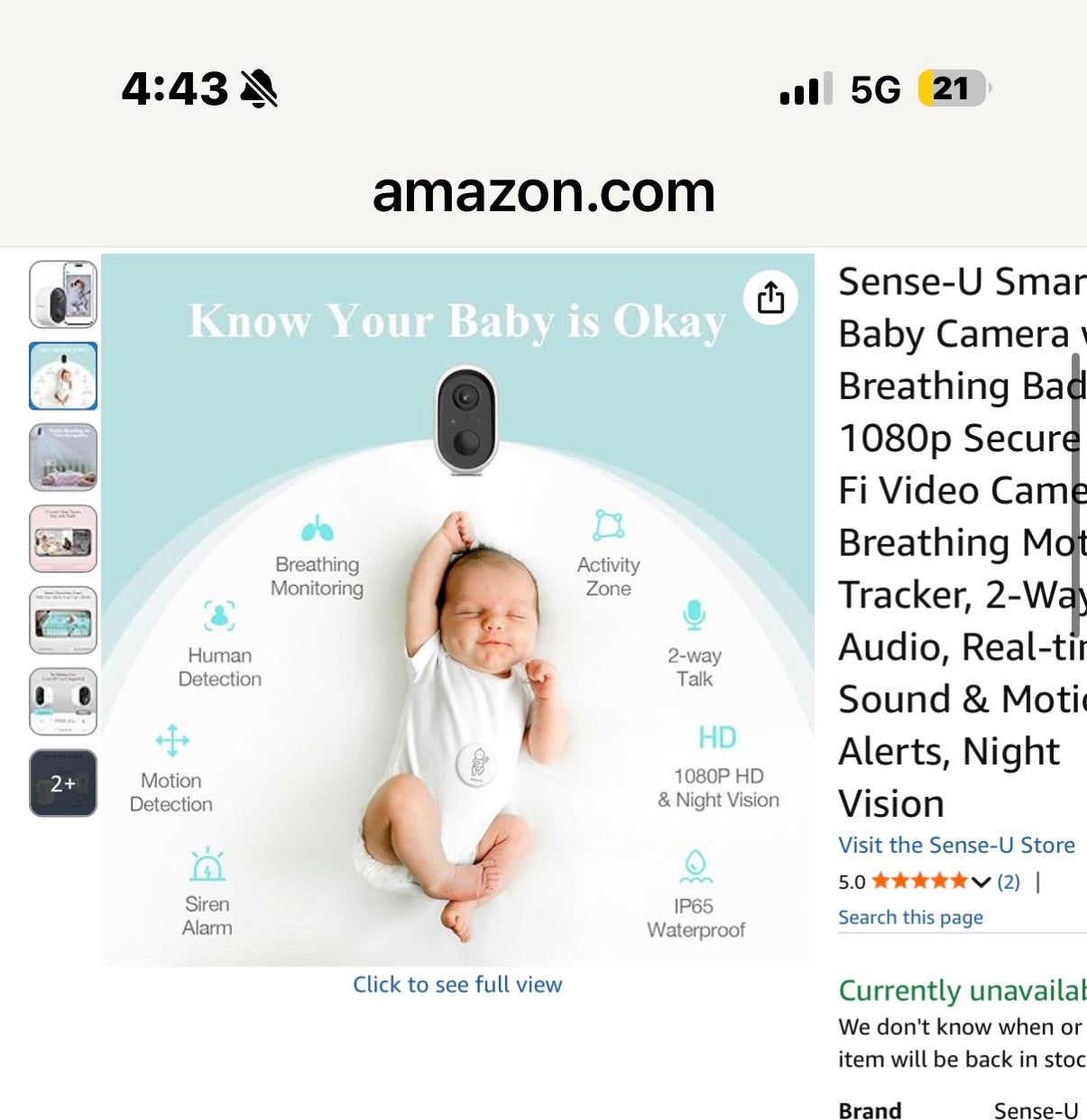 Sense-U Smart Baby Camera with Breathing Badge - 1080p Secure WiFi Video Camera, Breathing Motion Tracker, 2-Way Audio, Real-time Sound & Motion Alerts, Night Vision