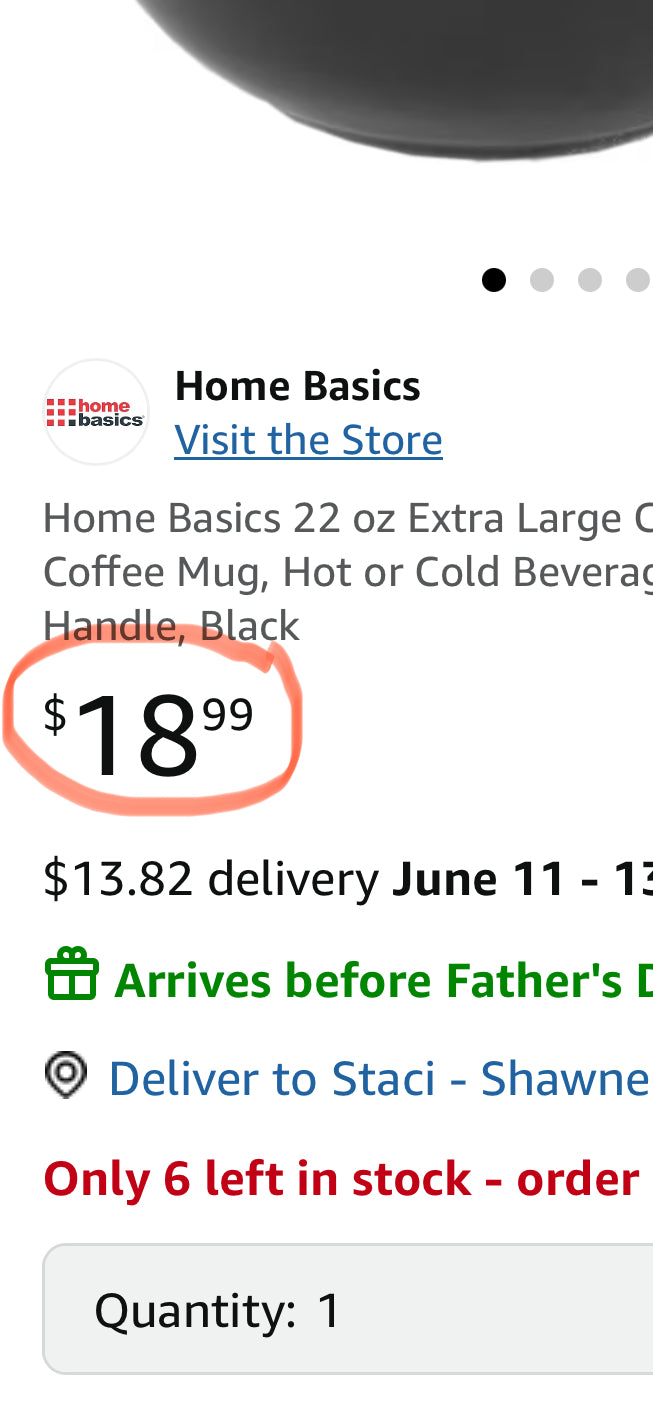 Home Basics 22 oz Extra Large Ceramic Jumbo Soup or Coffee Mug, Hot or Cold Beverage, Comfortable Grip Handle, Black