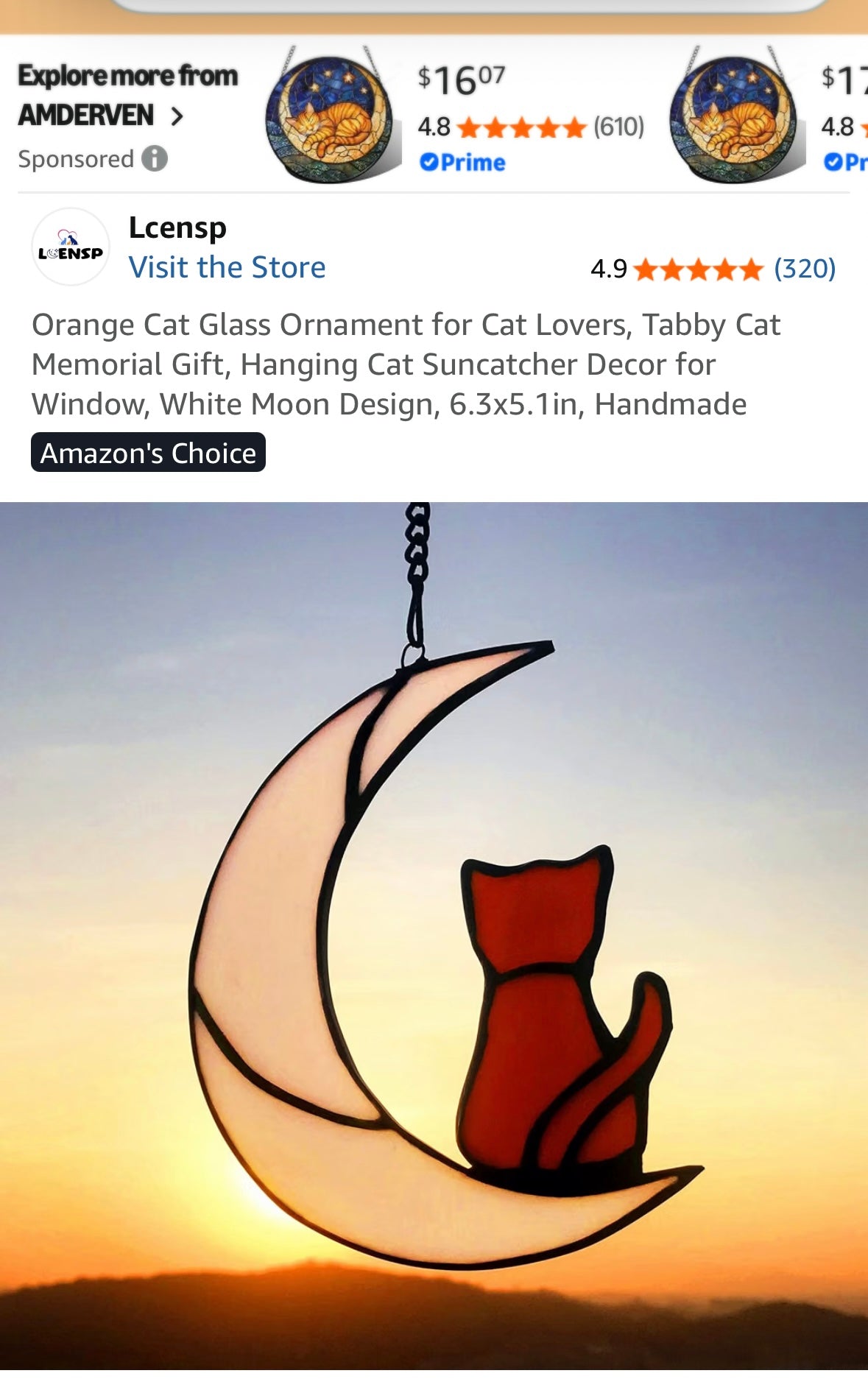 Cat Glass Ornament for Cat Lovers, Tabby Cat Memorial Gift, Hanging Cat Suncatcher Decor for Window, Yellow moon Design, 6.3x5.1in, Handmade