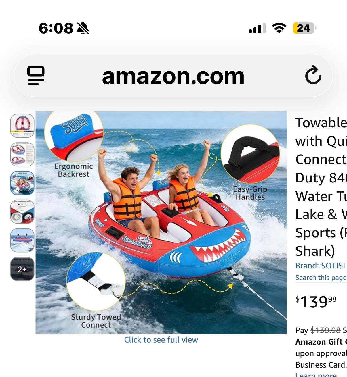 Towable Tube for Boating, 1–2 Person Inflatable Towable Tube with Quick Connect, Heavy Duty 840D Nylon Water Tube for Lake & Water Sports (Red Shark)