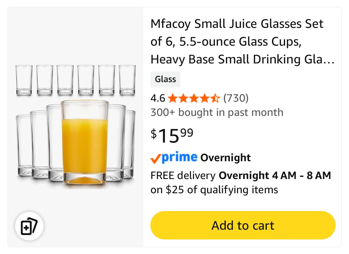 SOUL ONE 4.5 oz Small Juice Glasses, Set of 6, Stackable Heavy Based Drinking Glasses, Kids Small Drinking Glassware for Orange Juice, Water, Milk, Coffee