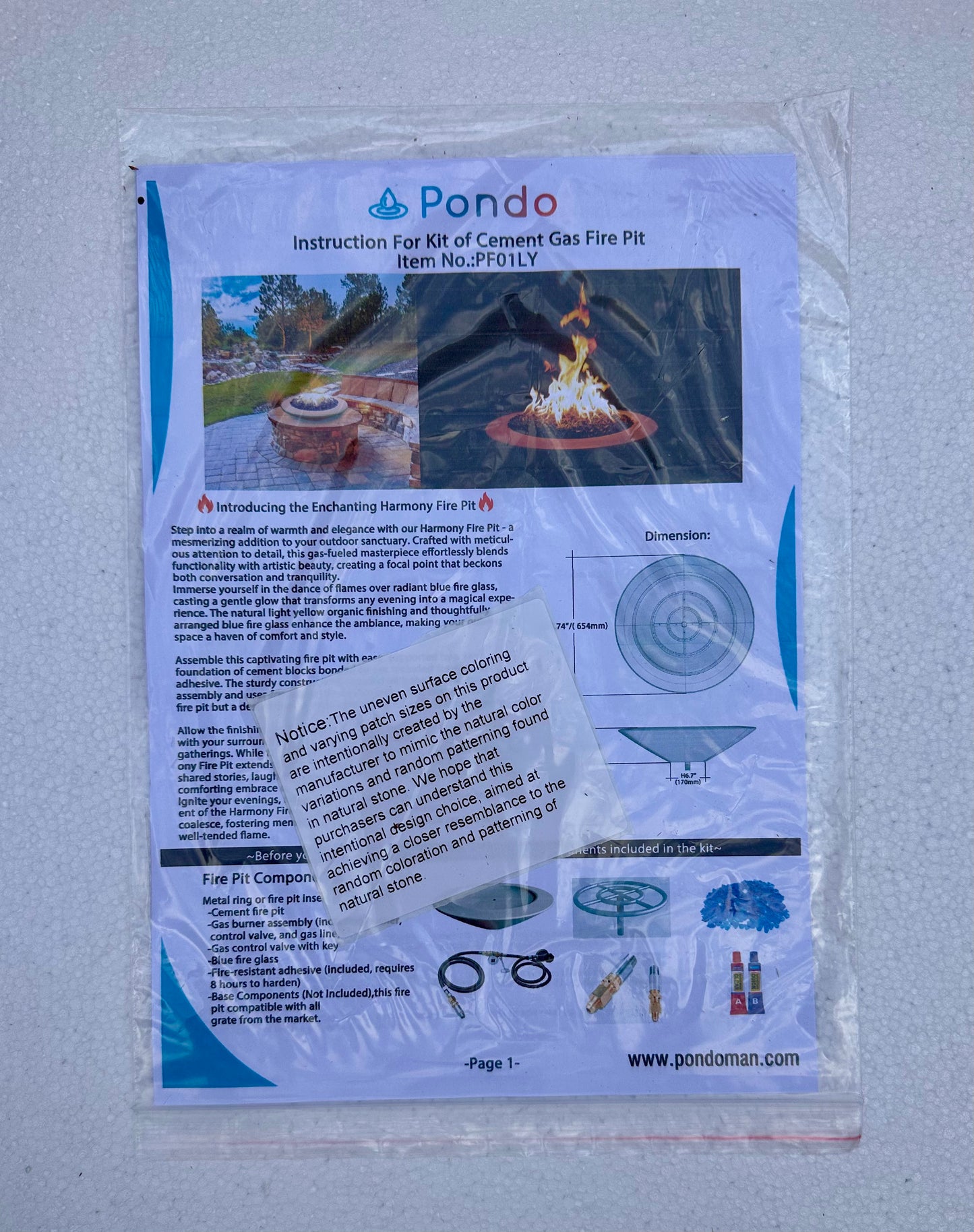 PONDO Versatile 26-inch Round Cement Gas Fire Pit Kit with Blue Fire Glass, Natural Light Yellow Organic Finish Enchanting Fireplace for Garden Courtyard, Patio, Camping, Outdoor Heating, Bonfire (R682)