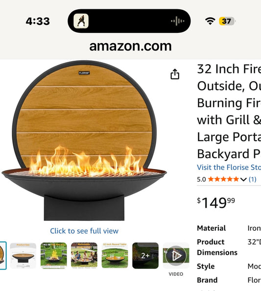 32 Inch Fire Pit for Outside, Outdoor Wood Burning Fire Pit Table with Grill & Cover Lid, Large Portable Firepit for Backyard Patio Camping