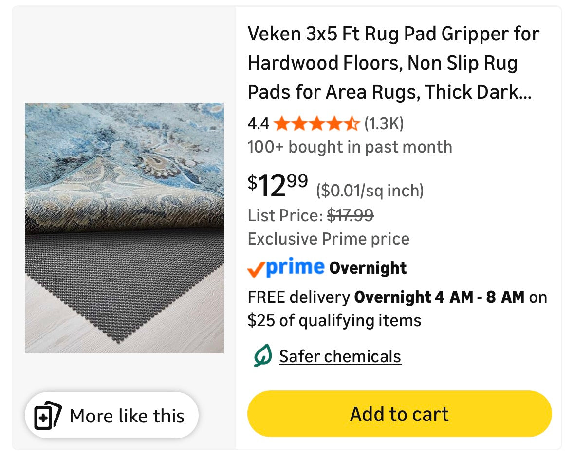 Original Extra Strong Rug Pad Gripper, 3x5 FT, Grips Keep Area Rugs in Place, Thick, Slip and Skid Resistant Pads for Hard Floors, Under Carpet Mat Cushion and Hardwood Floor Protection
