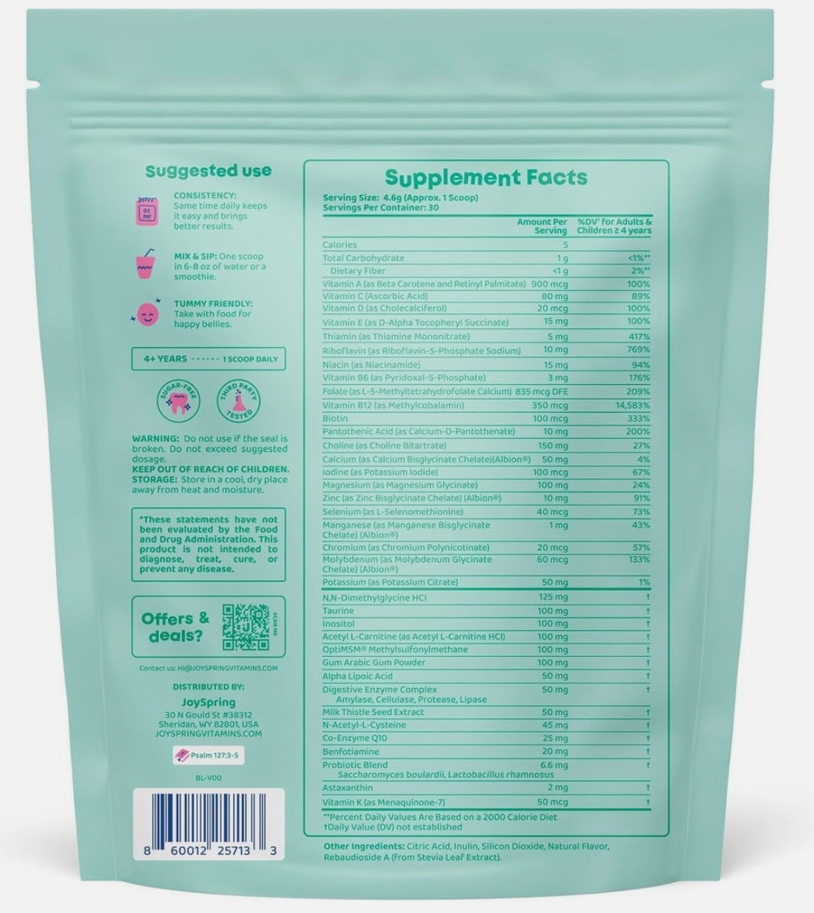 JoySpring Kids Multivitamin Powder - Spectra Vits – 23 Essential Kids Daily Vitamins & Minerals, Sugar-Free, Digestive Enzymes, Fiber, Antioxidants, Methylated B12, Mild Orange Flavor – 30 Servings