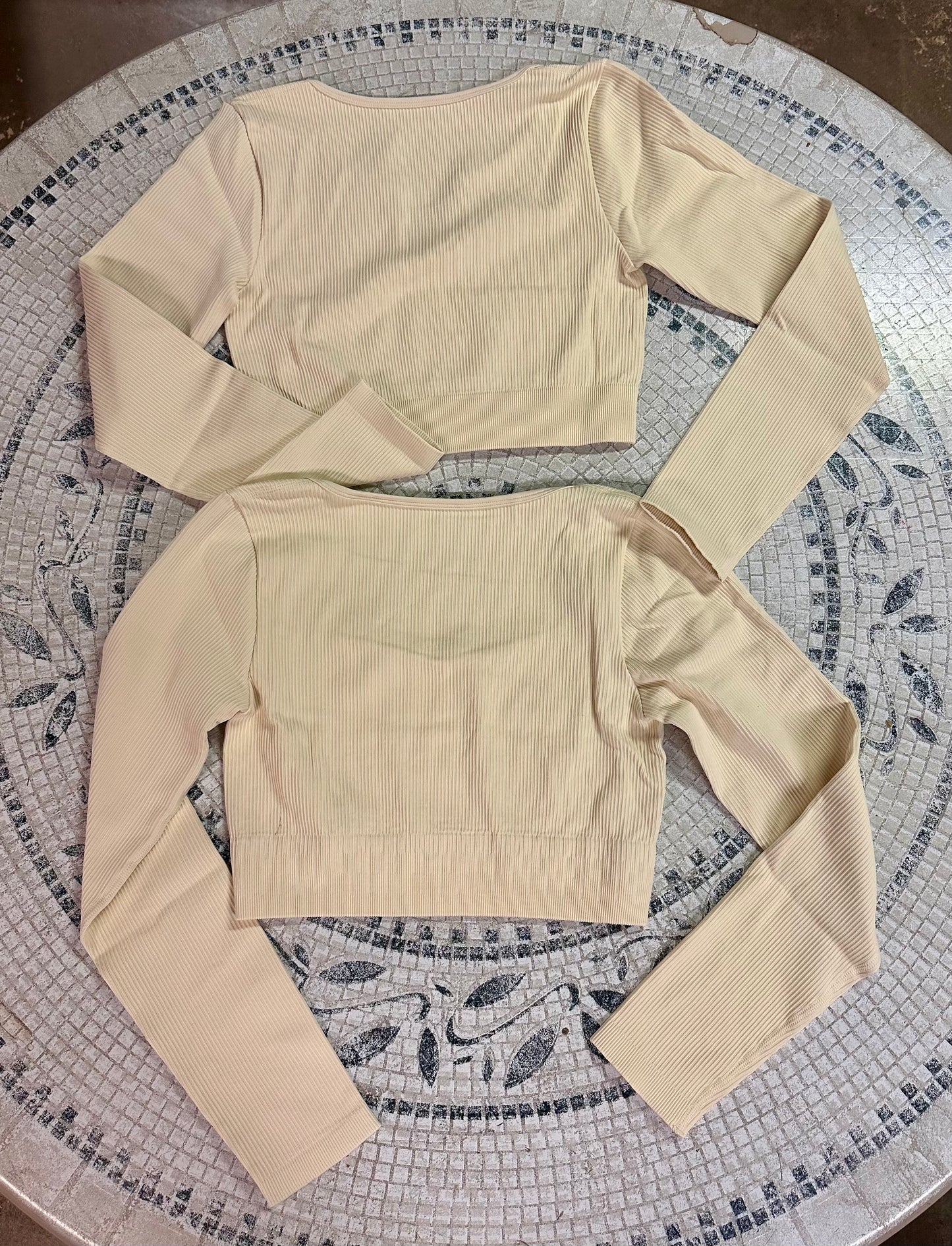 2-pack Long Sleeve Ribbed Knit Casual Basic Crop Tops, Different Neck Lines, Cream (Size Large)