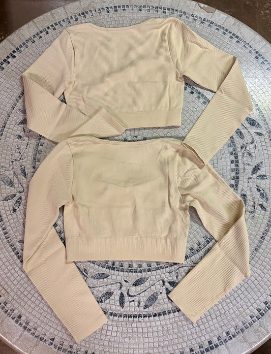 2-pack Long Sleeve Ribbed Knit Casual Basic Crop Tops, Different Neck Lines, Cream (Size Large)