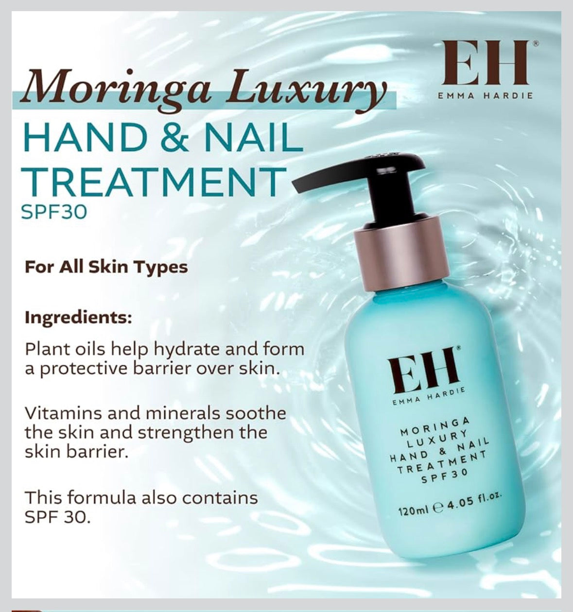 Emma Hardie 120ml Moringa Luxury Hand & Nail Treatment with SPF 30 UVA & UVB Sun Protection, Helps to Protect from Sun Damage, Hydrate, Soothe & Condition The Skin, Vegan & Cruelty Free