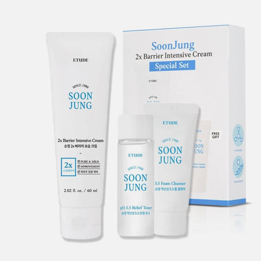 ETUDE SoonJung 2x Intensive Cream Best Trio Set for Barrier Repair | 2x Barrier Cream 2.02 Fl Oz + pH 5.5 Relief Toner 0.85 Fl Oz + Foam Cleanser 0.68 Fl Oz, Korean Skin Care