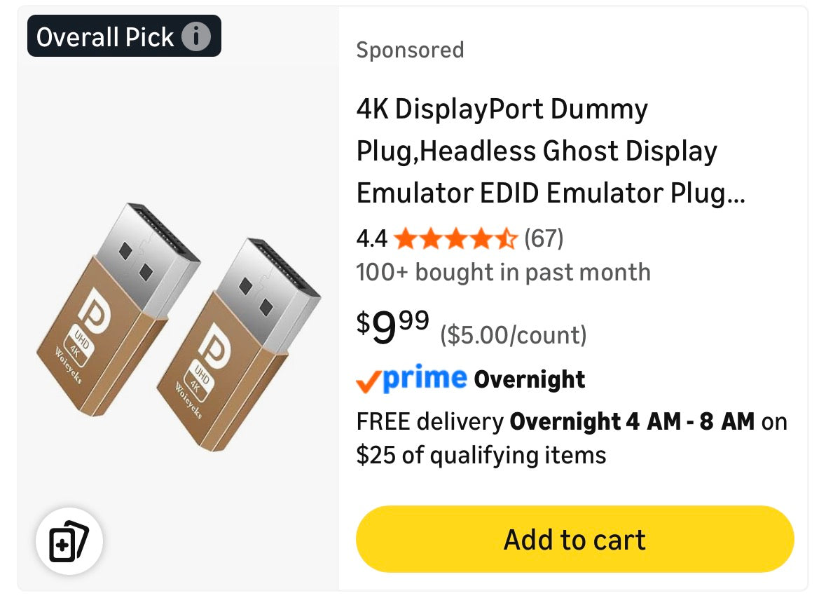 DisplayPort Dummy Plug Virtual Display Adapter & Headless Ghost Display EDID Emulator 4K DP Dummy Plug (fit Headless 1920x1080@60Hz) 2P