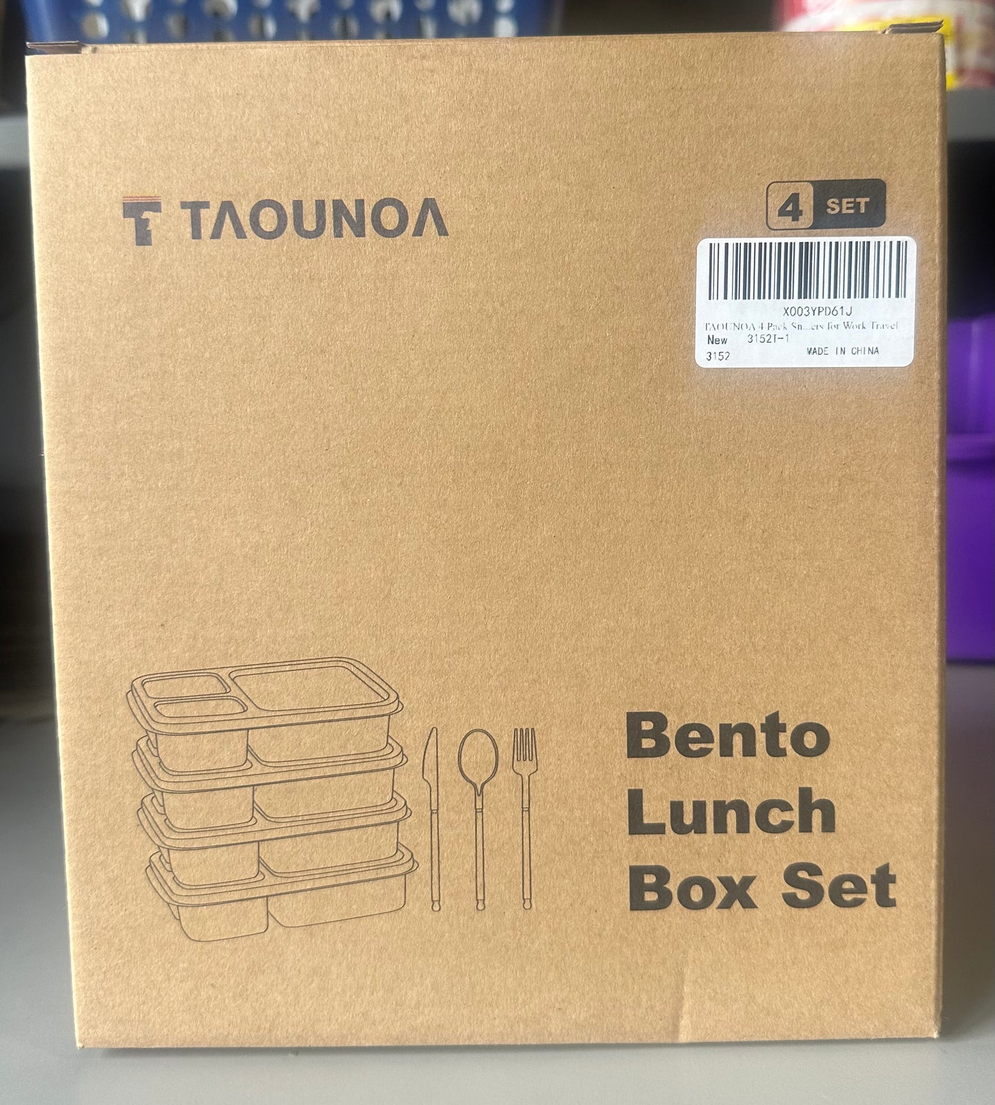 TAOUNOA 4 Pack Bento Lunch Box with Cute Knife, Spoon, Fork Set, Wheat Straw Lunch Box Containers, Reusable Divided Lunch Containers for Kids, Adults, Work, Travel