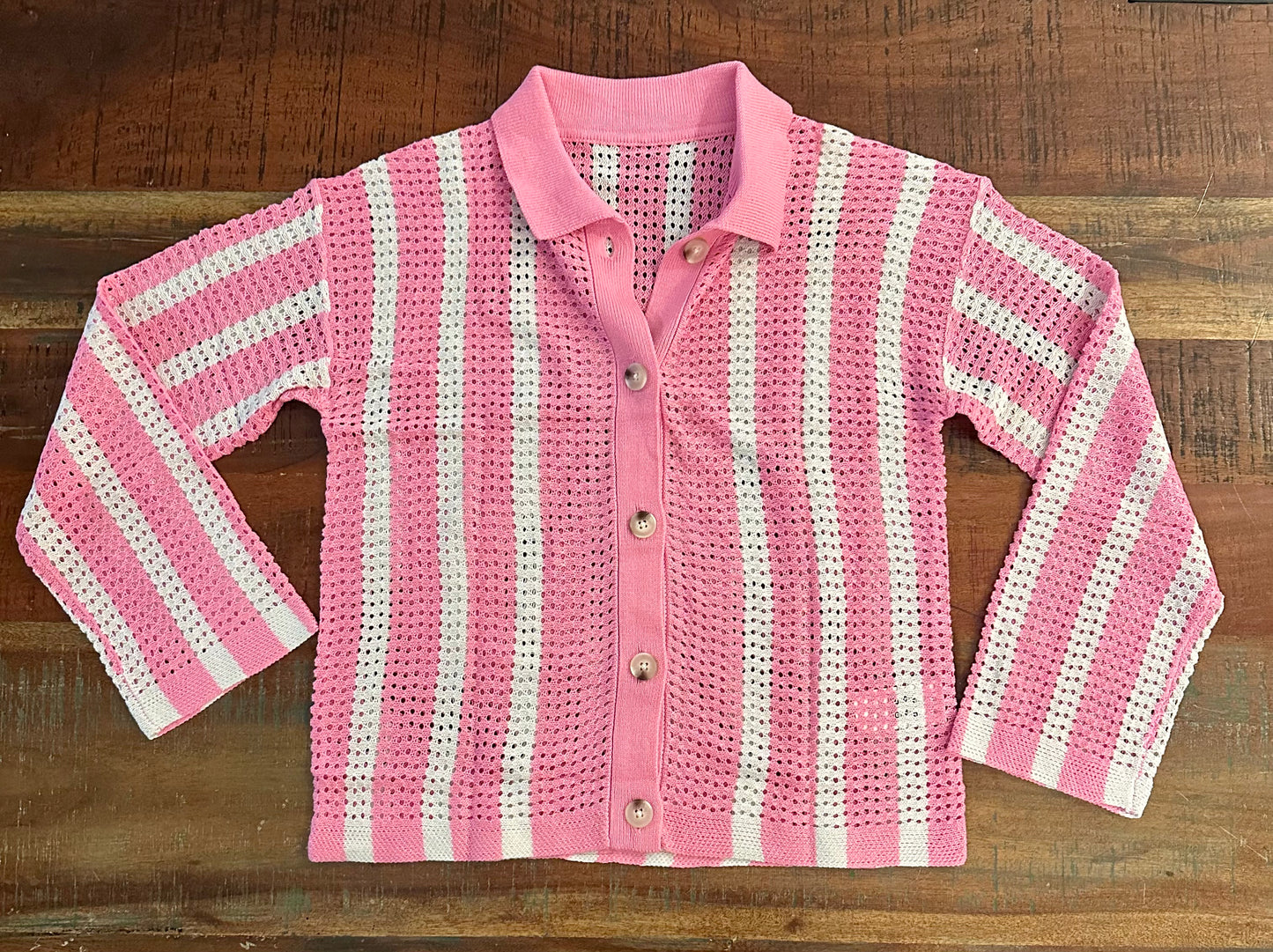 Women’s Striped Crochet Cardigan Button Sweater, Open Front Mesh Knit Long Sleeve V Neck Loose Sweater, Pink (Size Small)