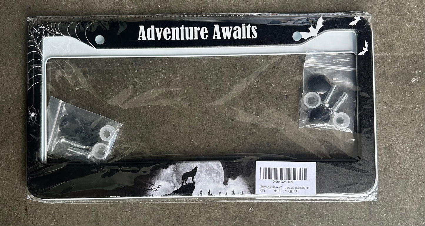 2-Pack, Adventure Awaits License Plate Frames, 2 Holes, Stainless Steel With Screws, Fits Us Standard Auto Parts, Decorative, Rustproof, Rattle-Proof, Weather Resistant, Easy Installation