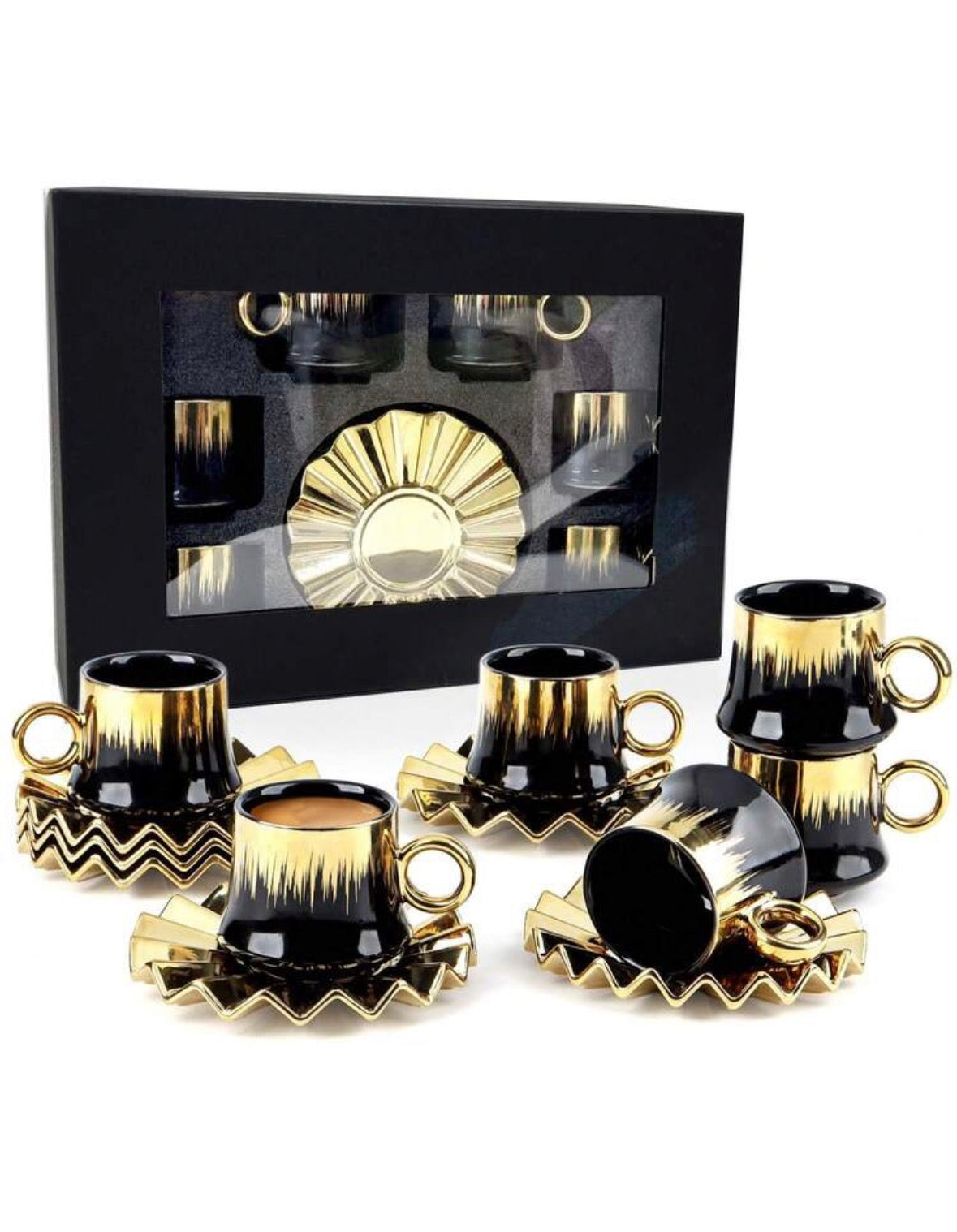 HYEIOL Cappuccino Cups with Saucers,3.4 oz Ceramic Turkish Coffee Cup With Gold Trim,Black Gift Box with Window,Espresso Cups Set of 6 for Cappuccino, Latte, Mocha, Au Lait, Double Espresso,Black