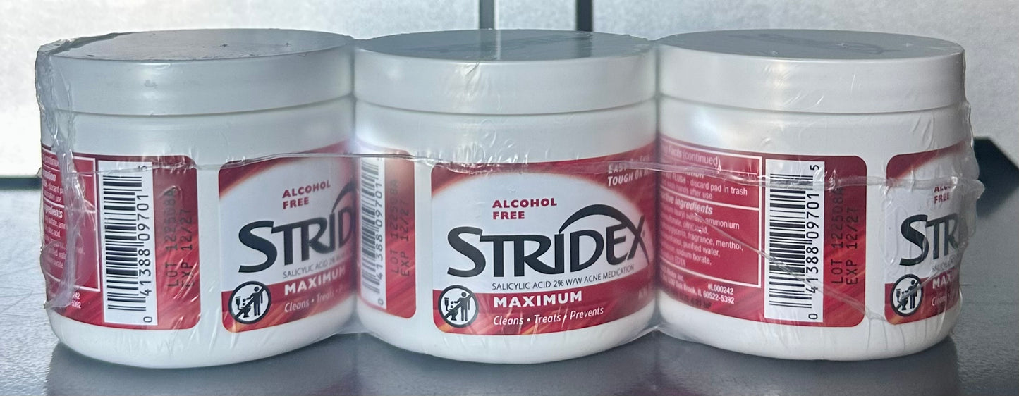 3-Pack of Stridex Medicated Acne Pads, Maximum, 55 Count – Facial Cleansing Wipes, Alcohol Free, Acne Treatment for Face, For Moderate Acne, Smooth Application