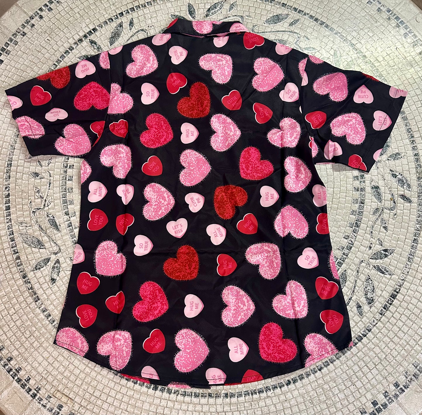 Heart Print Shirt, Short Sleeve Tee, Lapel Button Down Top (Size Adult Small)