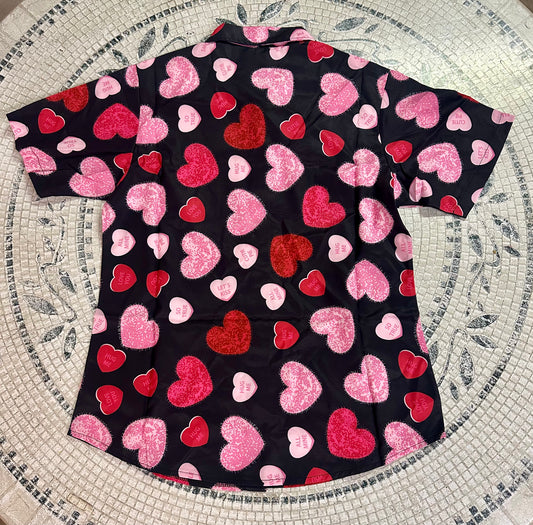 Heart Print Shirt, Short Sleeve Tee, Lapel Button Down Top (Size Adult Small)