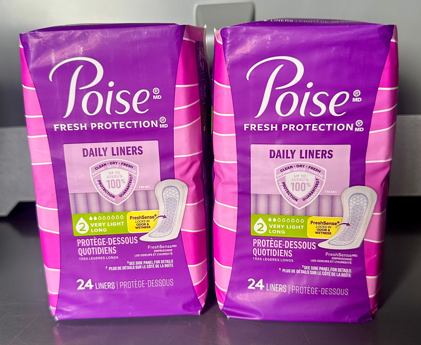 Poise Daily Liners, Incontinence Panty Liners for Bladder Leaks, 2 Drop Very Light Absorbency, Long Length, 24 Count of Pantiliners, Packaging May Vary, (Pack of 2)