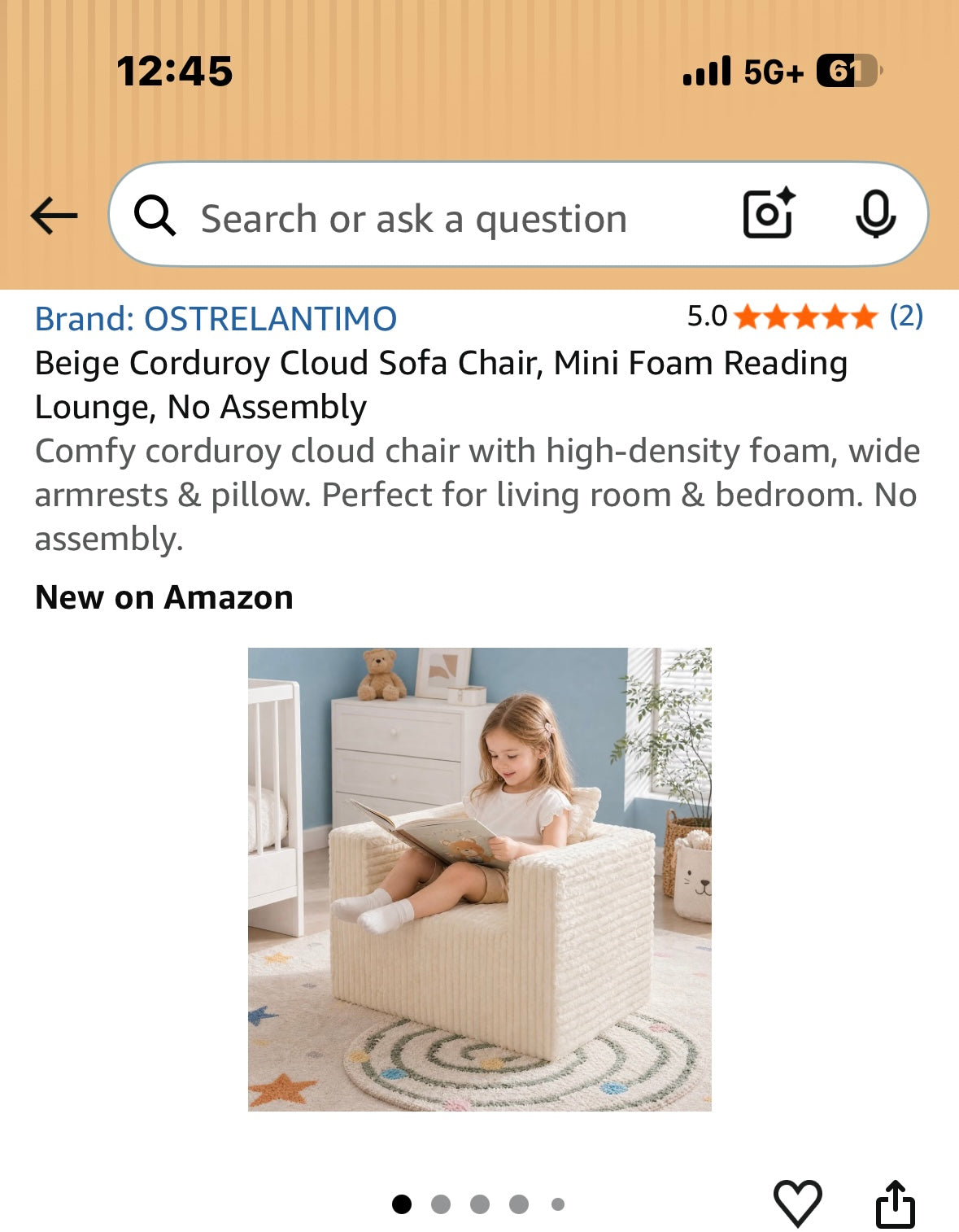 Beige Corduroy Cloud Sofa Chair, Mini Foam Reading Lounge, No Assembly, Comfy corduroy cloud chair with high-density foam, wide armrests & pillow. Perfect for living room & bedroom. No assembly.
