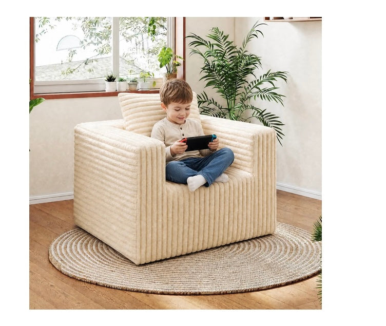 Beige Corduroy Cloud Sofa Chair, Mini Foam Reading Lounge, No Assembly, Comfy corduroy cloud chair with high-density foam, wide armrests & pillow. Perfect for living room & bedroom. No assembly.