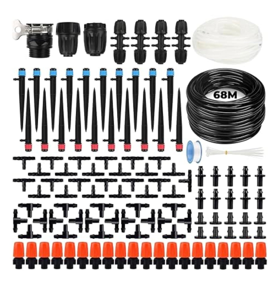 223FT Drip Irrigation System, 136Pcs Automatic Garden Watering System with Adjustable Misting Nozzle Sprinkler, 1/4 inch 1/2 inch Blank Distribution Tubing Watering Drip Kit for Patio, Lawn (223FT)