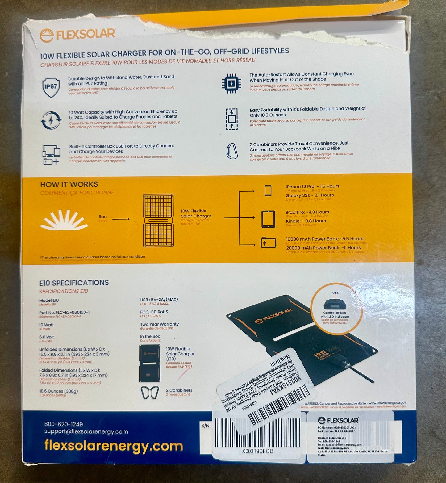 FlexSolar 10W 5V USB Foldable Solar Panel Charger, IP67 Waterproof, Compact, Portable for Camping, Hiking, Backpacking Emergency Charging Phones, Watches, Fans, Flashlights and Power Banks