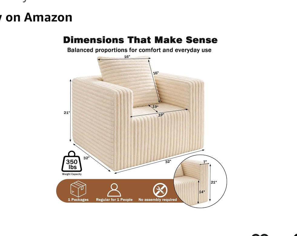 Beige Corduroy Cloud Sofa Chair, Mini Foam Reading Lounge, No Assembly, Comfy corduroy cloud chair with high-density foam, wide armrests & pillow. Perfect for living room & bedroom. No assembly.