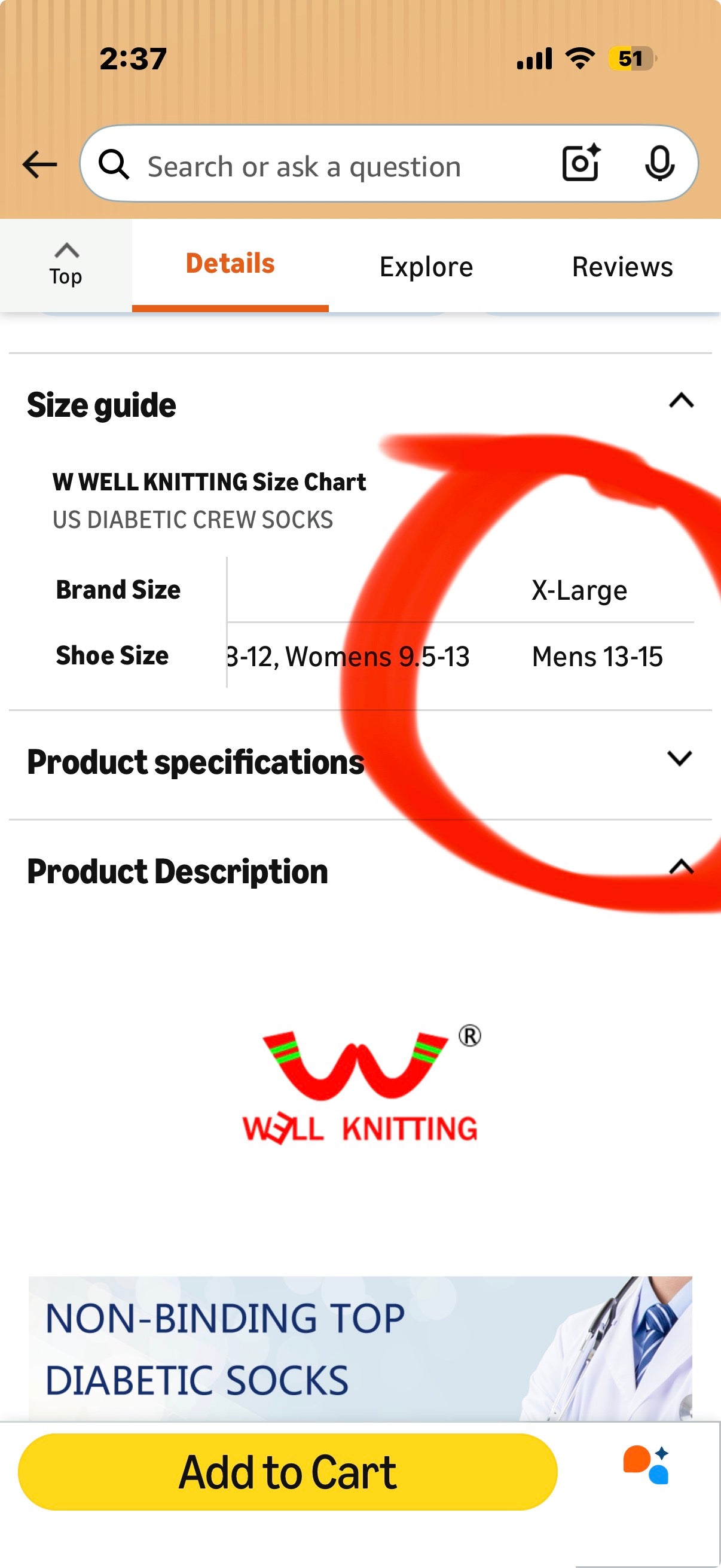 Well Knitting Loose Men's Diabetic Crew Socks,Non-Binding Top,Seamless Toe,Semi Cushion,Breathable Soft Coolmax Socks 4 Pairs (Size XL)
