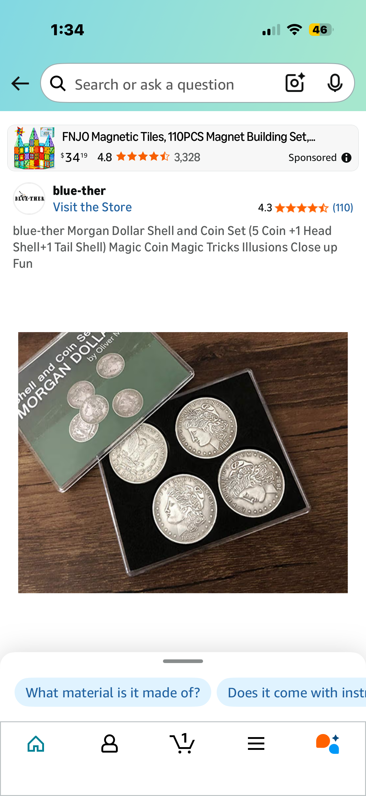blue-ther Morgan Dollar Shell and Coin Set (5 Coin +1 Head Shell+1 Tail Shell) Magic Coin Magic Tricks Illusions Close up Fun