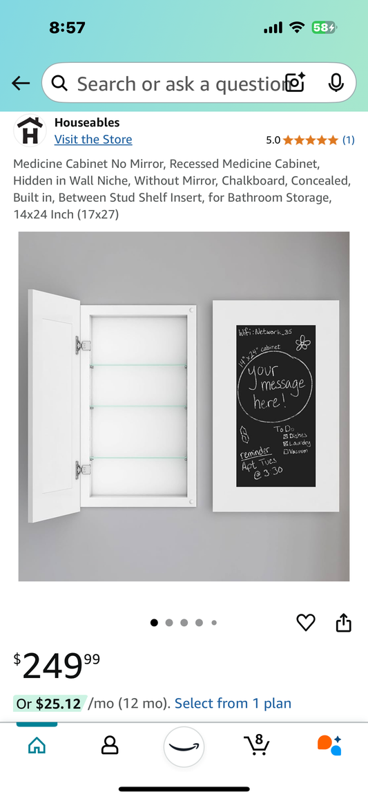 New - Recessed Medicine Cabinet with Chalkboard 17”x27” (L819)