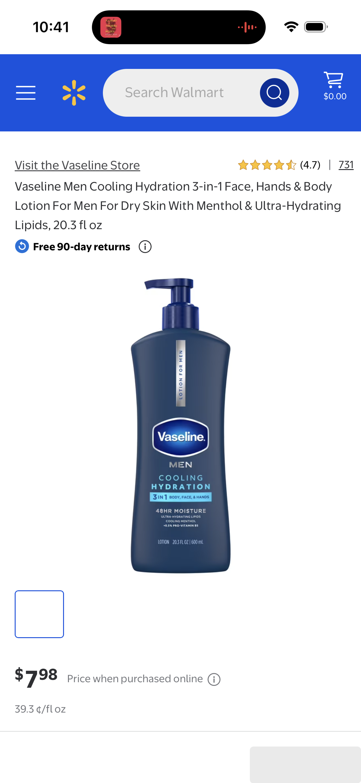 Vaseline Men Cooling Hydration 3-in-1 Face, Hands & Body Lotion For Men For Dry Skin With Menthol & Ultra-Hydrating Lipids, 20.3 fl oz