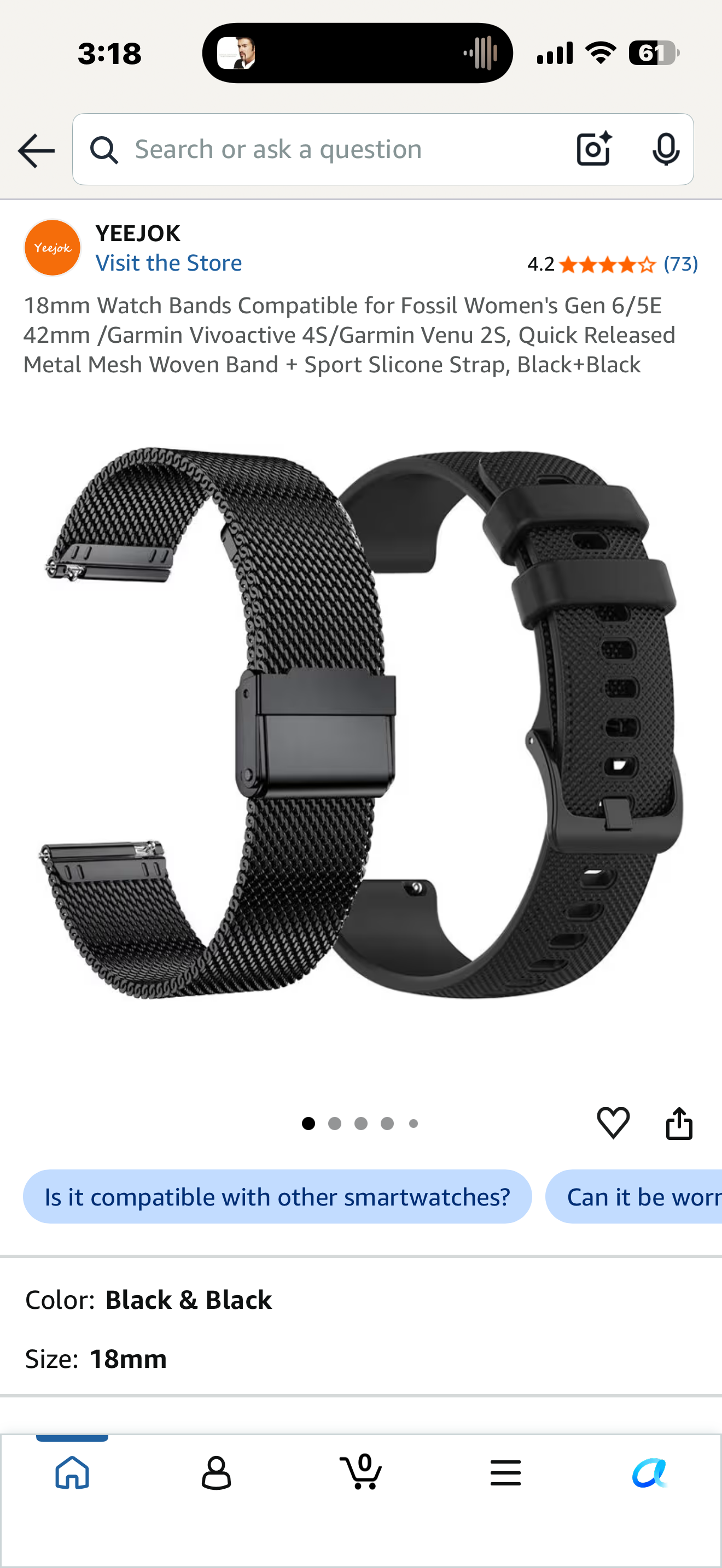 YEEJOK 18mm Watch Bands Compatible for Fossil Women's Gen 5E 42mm /Gen 4 Q Venture HR/Garmin Vivoactive 4S, Quick Released Metal Mesh Woven Band + Sport Slicone Strap, Silver+Black
