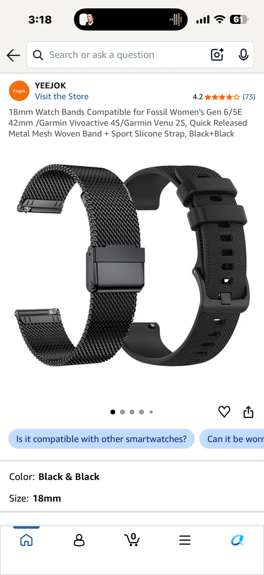 YEEJOK 18mm Watch Bands Compatible for Fossil Women's Gen 5E 42mm /Gen 4 Q Venture HR/Garmin Vivoactive 4S, Quick Released Metal Mesh Woven Band + Sport Slicone Strap, Silver+Black