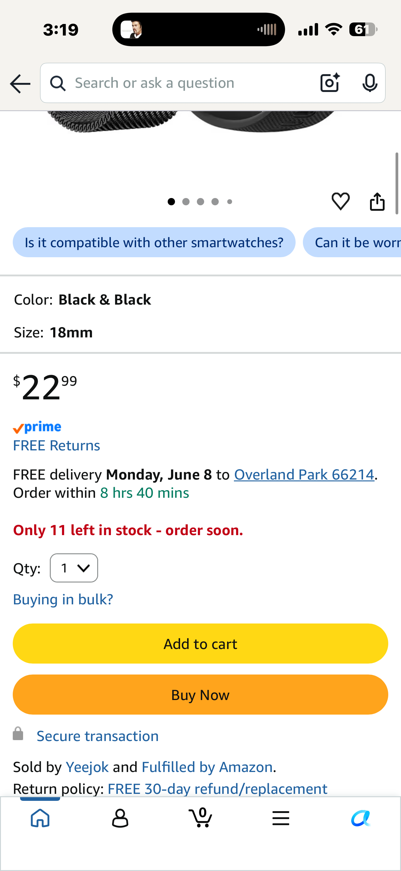 YEEJOK 18mm Watch Bands Compatible for Fossil Women's Gen 5E 42mm /Gen 4 Q Venture HR/Garmin Vivoactive 4S, Quick Released Metal Mesh Woven Band + Sport Slicone Strap, Silver+Black