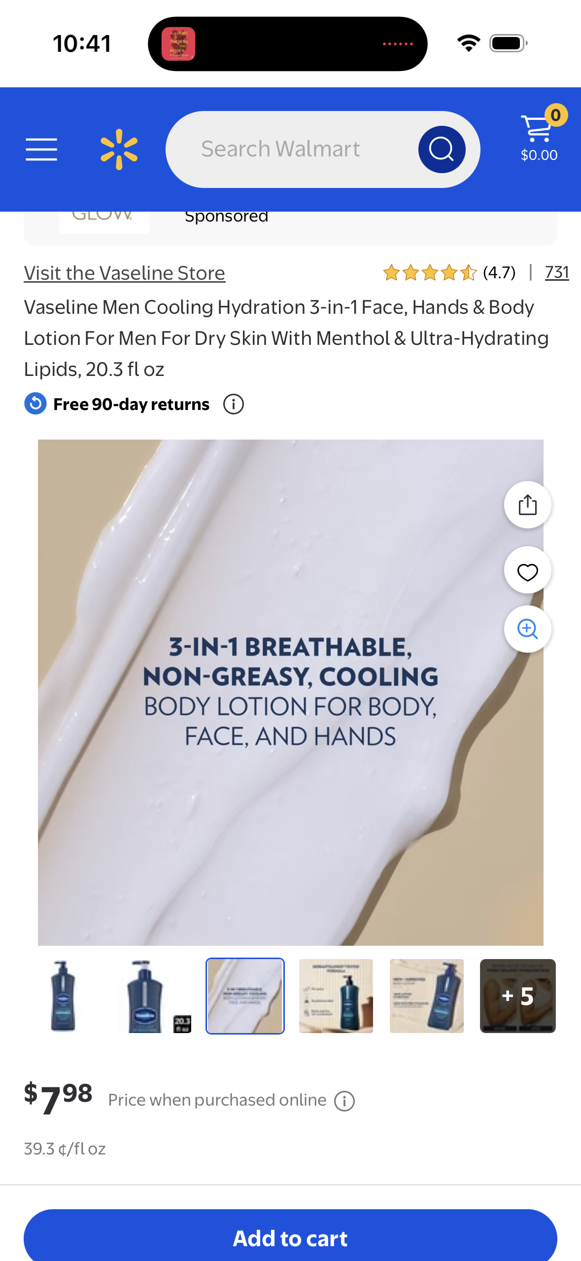 Vaseline Men Cooling Hydration 3-in-1 Face, Hands & Body Lotion For Men For Dry Skin With Menthol & Ultra-Hydrating Lipids, 20.3 fl oz