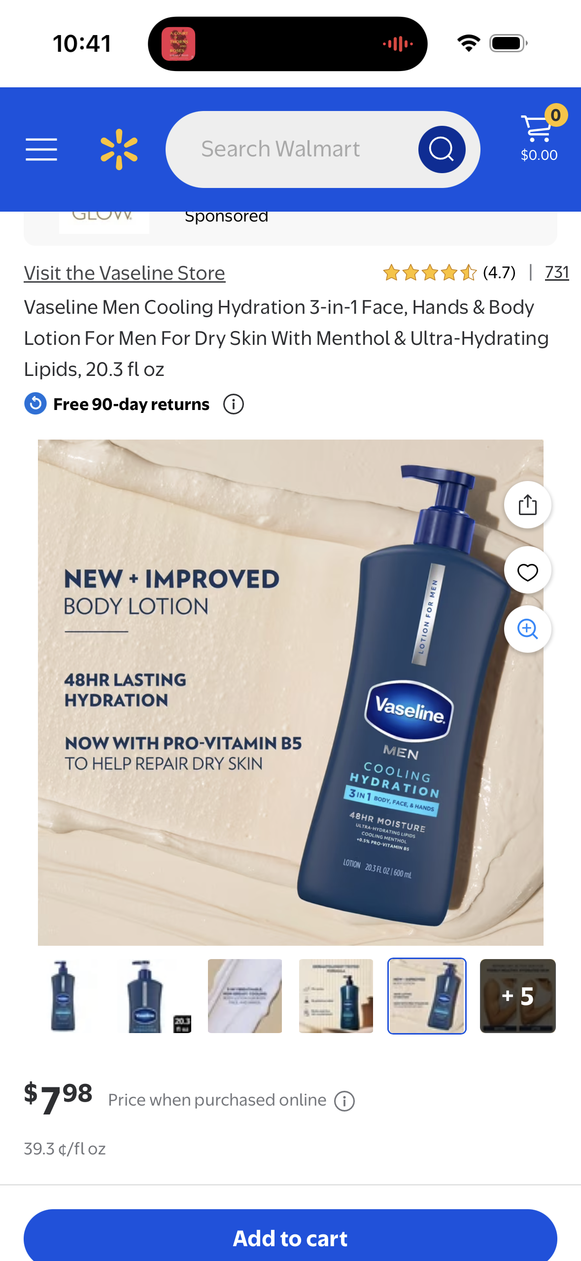 Vaseline Men Cooling Hydration 3-in-1 Face, Hands & Body Lotion For Men For Dry Skin With Menthol & Ultra-Hydrating Lipids, 20.3 fl oz