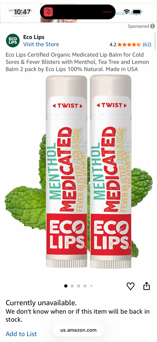 Eco Lips Certified Organic Medicated Lip Balm for Cold Sores & Fever Blisters with Menthol, Tea Tree and Lemon Balm 2 pack by Eco Lips 100% Natural. Made in USA