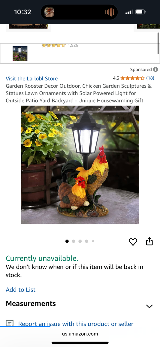 Garden Rooster Decor Outdoor, Chicken Garden Sculptures & Statues Lawn Ornaments with Solar Powered Light for Outside Patio Yard Backyard - Unique Housewarming Gift