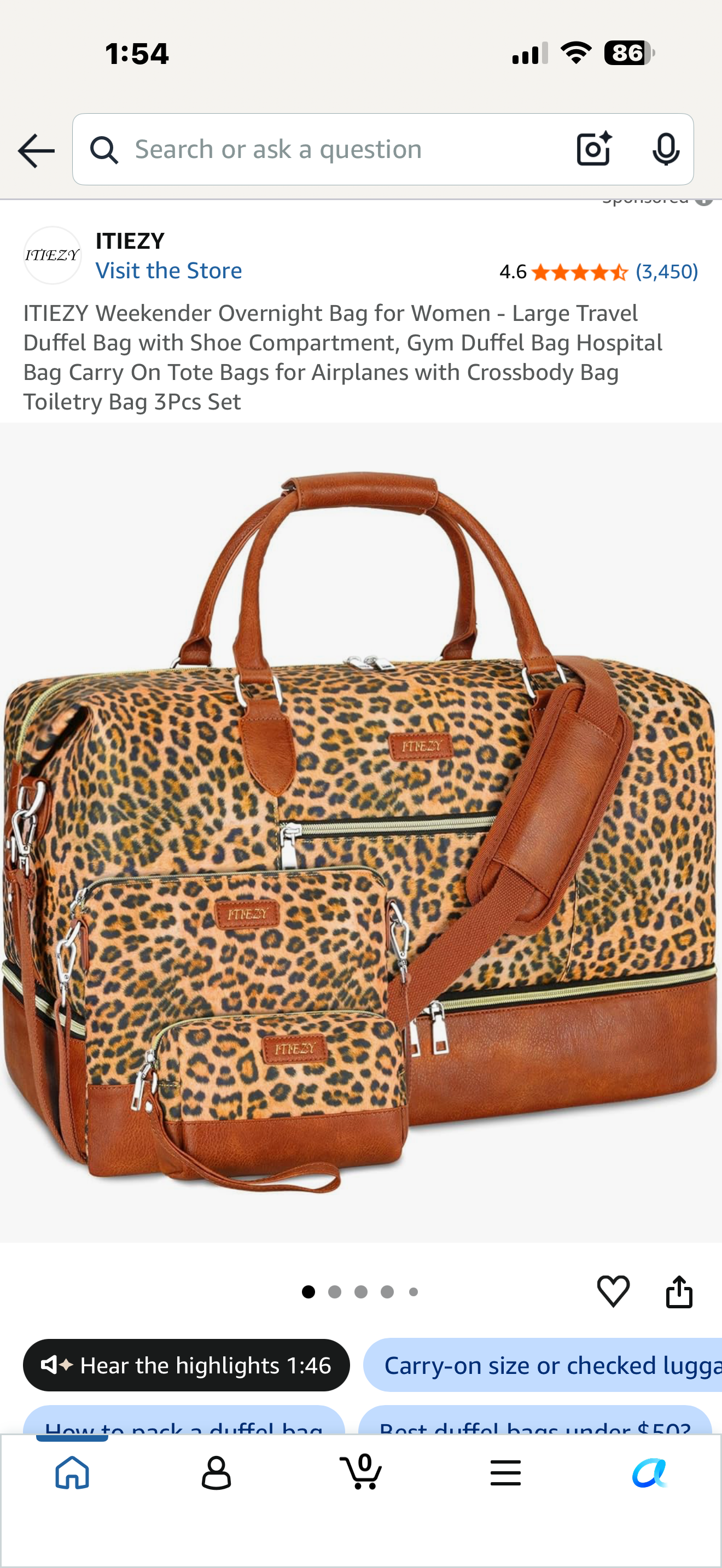 ITIEZY Weekender Overnight Bag for Women - Large Travel Duffel Bag with Shoe Compartment, Gym Duffel Bag Hospital Bag Carry On Tote Bags for Airplanes with Crossbody Bag Toiletry Bag 3Pcs Set