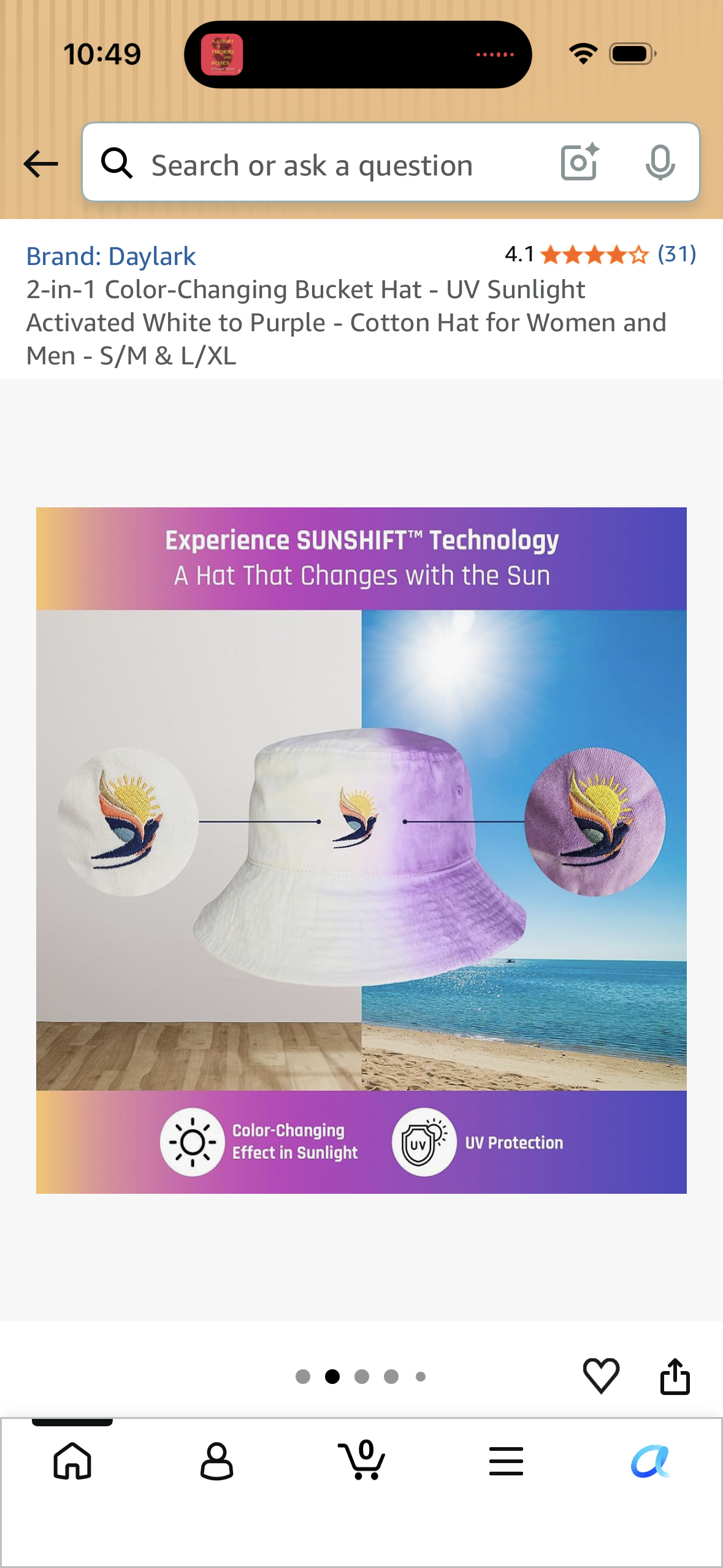 2-in-1 Color-Changing Bucket Hat - UV Sunlight Activated White to Purple - Cotton Hat for Women and Men - S/M